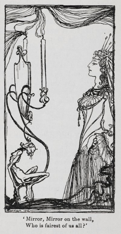 Zła królowa przeglądająca się w lustrze z Przebiśnieg (Królewna Śnieżka) autorstwa Arthur Rackham
