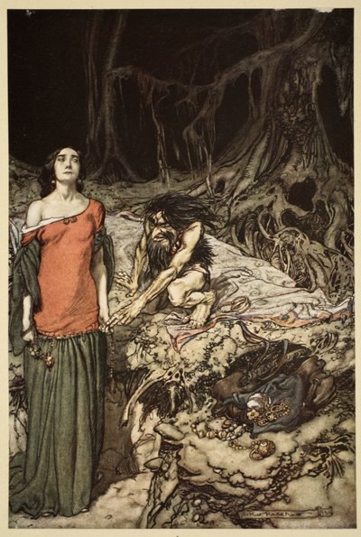 Zaloty Grimhildy, matki Hagena, z „Zygfryda i Zmierzch bogów”, 1910 autorstwa Arthur Rackham