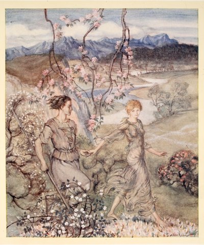 Potem pojechali ramię w ramię do kraju pachnącego kwiatem jabłoni i miodem, ilustracja z „Irish Fairy Tales” Jamesa Stephensa autorstwa Arthur Rackham