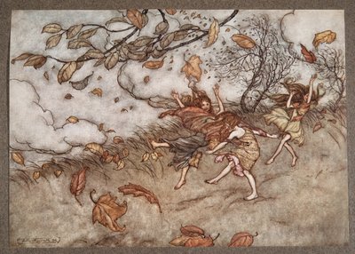 Nie ma prawie nic, co miałoby tak żywe poczucie zabawy jak opadły liść, od Piotrusia Pana w Kensington Gardens JM Barrie (1860 - 1937), wyd. 1906 autorstwa Arthur Rackham