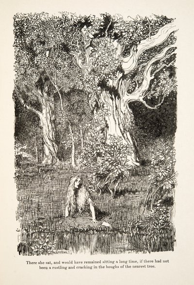 Siedziała tam i siedziałaby długo, gdyby nie szelest i trzask w konarach najbliższego drzewa, z Little Brother & Little Sister and Other Tales by the Brothers Grimm, wyd. 1917 (lito) autorstwa Arthur Rackham