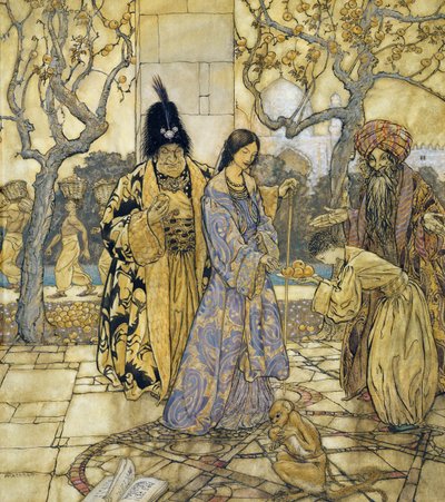 Zbierali dla Książęcej Dłoni Ahmeda, 1917 (toaleta z piórem i atramentem na papierze) autorstwa Arthur Rackham