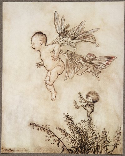 Wszyscy łaskotali go po ramieniu…, od Piotruś Pan w Kensington Gardens JM Barrie (1860 – 1937), wyd. 1906 autorstwa Arthur Rackham