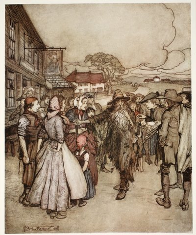 Stłoczyli się wokół niego, przyglądając mu się od stóp do głów z wielką ciekawością. Z pubu Rip Van Winkle by Washington Irving. 1910 autorstwa Arthur Rackham