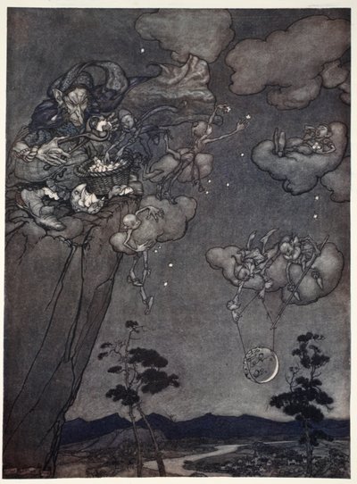 Były rządzone przez starego ducha squaw, który powiesił nowiu na niebie i pociął stare na gwiazdy. z Rip Van Winkle w pubie Washington Irving. 1910 autorstwa Arthur Rackham