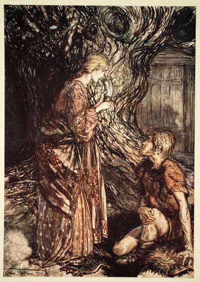 „Ten uzdrawiający i miodowy łyk miodu pitnego raczył przyjąć ode mnie”, 1910. autorstwa Arthur Rackham