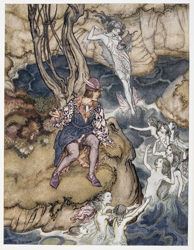 Ta muzyka pełzała przez być na wodach, ilustracja z William Shakespeares The Tempest, pub. 1926 autorstwa Arthur Rackham