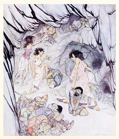 Ten jest gruby, powiedział Cullen i przetoczyła masywny Fenian jak za kierownicą z Zaczarowanej Jaskini Cesh Corran w Irlandzkich bajkach. autorstwa Arthur Rackham