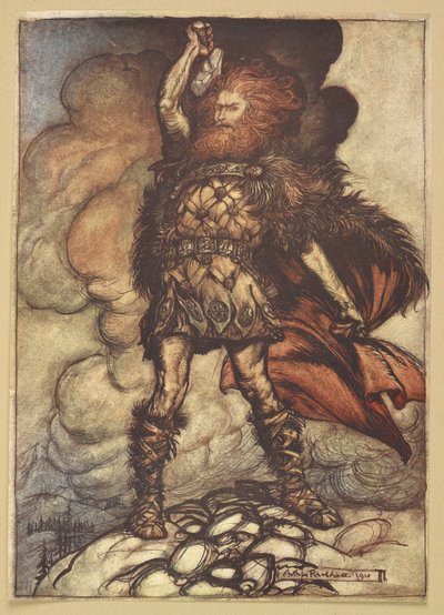 Thor levanta seu martelo.polonês autorstwa Arthur Rackham