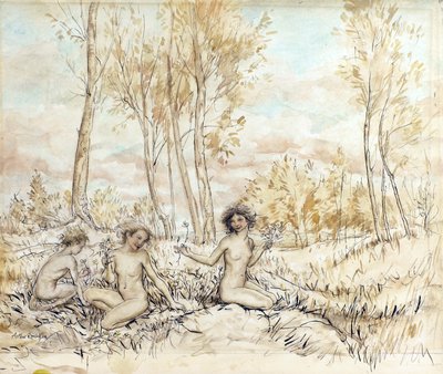 Trzy leśne nimfy zbierające kwiaty (pióro i atrament oraz toaleta na papierze) autorstwa Arthur Rackham
