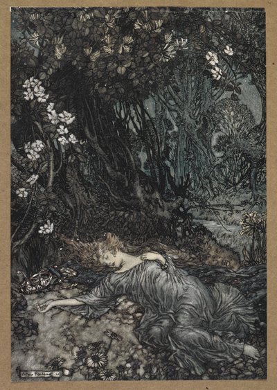Tytania śpiąca”. Kadr z filmu „Sen nocy letniej”. autorstwa Arthur Rackham