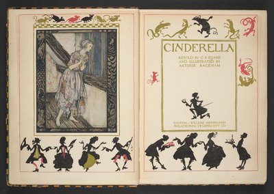Strona tytułowa i frontyspis z Kopciuszka, powtórzony przez C.S. Evansa i zilustrowany przez Arthura Rackhama autorstwa Arthur Rackham
