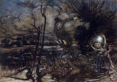 Dwóm postaciom nie udaje się utonąć w bagnie, Puck pomaga im rozpalić ogień. Ilustracja Arthura RACKHAMA (1867-1939) do „Snu letniej nocy” Williama Szekspira autorstwa Arthur Rackham