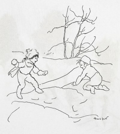Dwoje dzieci podczas bitwy na śnieżki autorstwa Arthur Rackham