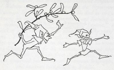 Dwa bawiące się elfy, jeden niosący gałązkę jemioły autorstwa Arthur Rackham