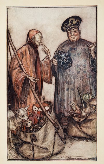 Dwóch z tych mędrców? Jak Pedlarzy wśród nas, z Podróży Guliwera Jonathana Swifta (1667 - 1745), wyd. 1909 autorstwa Arthur Rackham