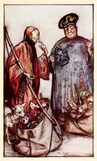 Dwóch z tych mędrców... jak handlarze wśród nas (wyrażając się rzeczami, które noszą) z części III: Podróż do Laputy, Balnibarbi, Luggnagg, Glubbdubdrib i Japonii w Gullivers Travels autorstwa Arthur Rackham