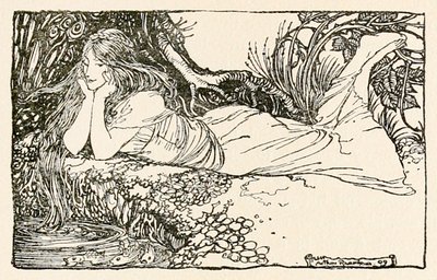 Undine wpatrująca się w wodę, z „Undine” autorstwa Arthur Rackham