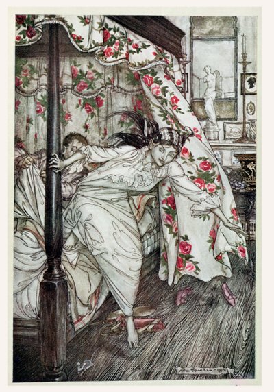 Wenus i kot, ilustracja z „Bajek Ezopa”, wydanej przez Heinemanna, 1912 (kolor lito) autorstwa Arthur Rackham