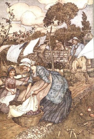 „Dzień prania” z „Rip Van Winkle” Washingtona Irvinga (1783-1859) autorstwa Arthur Rackham