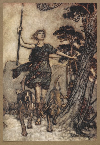 Pójdziemy, piękna królowo, na szczyt góry i zaznaczymy muzyczne zamieszanie psów i echo w zamieszaniu”. Kadr z filmu „Sen nocy letniej”. autorstwa Arthur Rackham