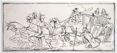 „Co sprawia, że autokar jest dziś taki ciężki?”, ilustracja z „The Ingoldsby Legends, czyli Mirth and Marvels”, autorstwa Thomasa Ingoldsby, opublikowanej w 1898 r. (pióro i atrament na papierze) autorstwa Arthur Rackham
