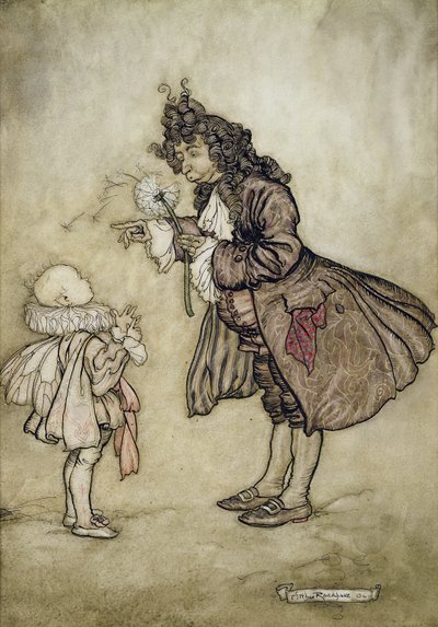 Kiedy Jej Wysokość chce poznać czas, z Piotrusia Pana w Kensington Gardens J.M. Barrie, wyd. Hodder i Stoughton, 1906 (pióro i atrament z toaletą na papierze) autorstwa Arthur Rackham