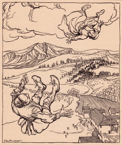 Kiedy jej mąż ją zobaczył, krzyknął: Cześć! chodź do mnie tutaj”. Ilustracja Arthura Rackhama z baśni Grimm Młody olbrzym. autorstwa Arthur Rackham