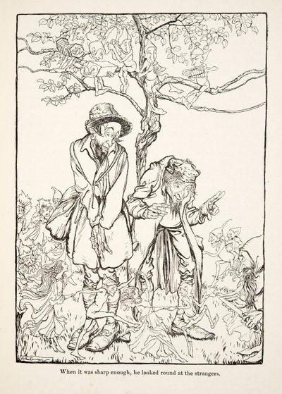 Kiedy było wystarczająco ostre, rozejrzał się po nieznajomych, z Little Brother & Little Sister i Other Tales by the Brothers Grimm, pub.1917 (lito) autorstwa Arthur Rackham