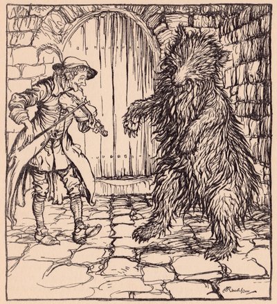 Kiedy niedźwiedź usłyszał muzykę, nie mógł powstrzymać się od tańca. Ilustracja autorstwa Arthura Rackhama z baśni braci Grimm, Przebiegły mały krawiec. autorstwa Arthur Rackham