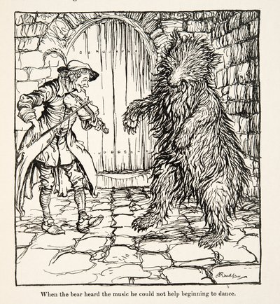 Kiedy niedźwiedź usłyszał muzykę, zaczął tańczyć, z Little Brother & Little Sister i Other Tales braci Grimm, wyd. 1917 (lito) autorstwa Arthur Rackham