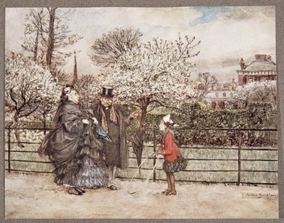 Kiedy w ogrodach spotykasz Dorosłych ludzi, którzy sapią i dmuchają, jakby myśleli, że są więksi niż są..., z Piotruś Pan w Kensington Gardens JM Barrie (1860 - 1937), wyd. 1906 (kolor autorstwa Arthur Rackham