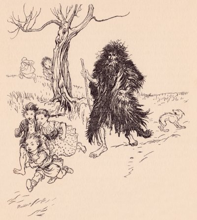 Ktokolwiek go zobaczył, uciekł. Ilustracja autorstwa Arthura Rackhama z bajki Grimm
