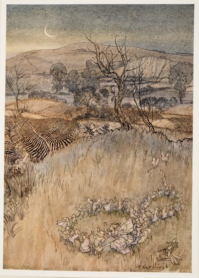 Wy pół-pacynki, które przy bimbru robią zielone loki, ilustracja z wyd. William Shakespeares The Tempest. 1926 autorstwa Arthur Rackham