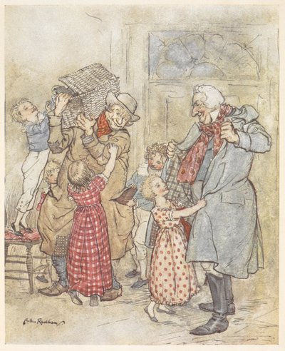 Małe dzieci pomagają dwóm starszym mężczyznom z ich płaszczami, gdy wchodzą do domu z prezentami bożonarodzeniowymi autorstwa Arthur Rackham