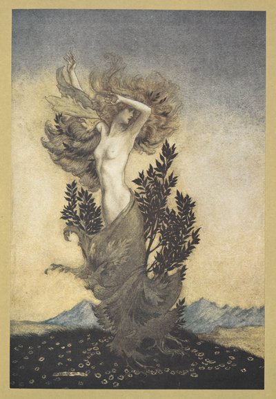 ... tak jak Daphne była związana z korzeniami, która uciekła z Apollo”. autorstwa Arthur Rackham