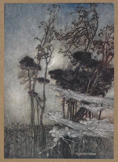 ... księżyc, jak do srebrnego łuku nowo wygiętego w niebie ”. Kadr z filmu „Sen nocy letniej”. autorstwa Arthur Rackham