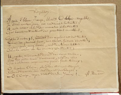 Rękopis wiersza Arthura Rimbauda: „Samogłoski”” autorstwa Arthur Rimbaud