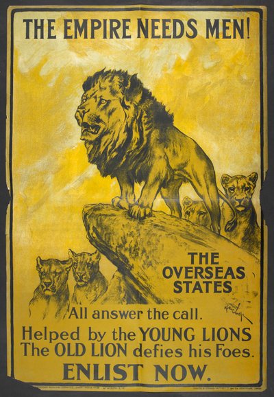 "Imperium potrzebuje mężczyzn! Plakat rekrutacyjny skierowany do brytyjskich kolonii. autorstwa Arthur Wardle