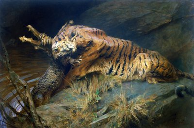 Tygrys i Krokodyl (olej na płótnie) autorstwa Arthur Wardle
