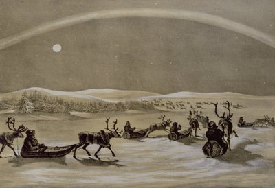 Wyjątkowy wygląd zorzy polarnej nad stadem reniferów Laponii przekraczających Jerdis Javri, z Winter Sketches w Laponii, rytowany przez Jamesa Duffielda Hardinga (1798-1863) 1825 (engraw autorstwa Arthur de Capell Brooke