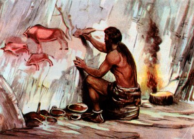 Malowidło Homo Sapiens w jaskini, z "Vita Meravigliosa" (druk) autorstwa Artist Unknown