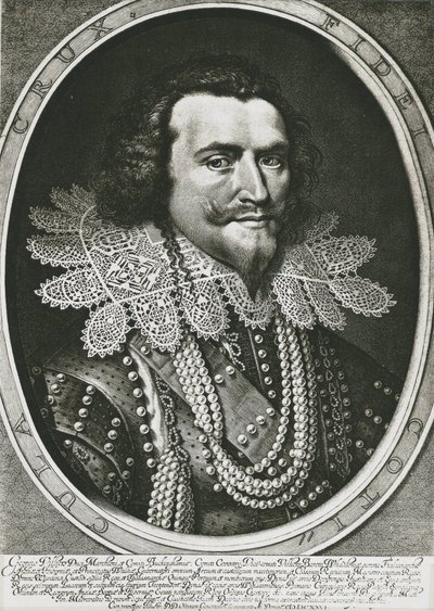 BUCKINGHAM, George Villiers, książę (1592-1628). Brytyjski polityk, ulubieniec Jakuba I i Karola I. Akwaforta. autorstwa Artist Unknown