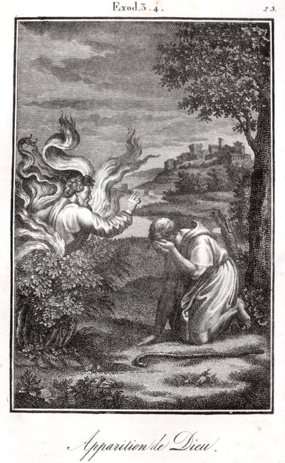 Biblia - Mojżesz i płonący krzew Bóg ukazuje się Mojżeszowi z płonącego krzewu. autorstwa Artist Unknown