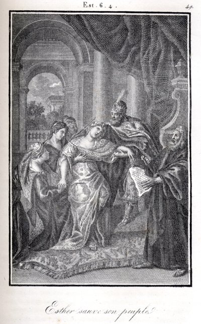 Biblia, Estera ratuje swój lud, mówiąc Achaszweroszowi, że Haman planuje ją zabić (rycina) autorstwa Artist Unknown