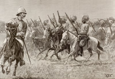 Imperium brytyjskie (XIX w.). Nowe pułki w Birmie. Kompania piechoty konnej drugiego pułku. Rycina. autorstwa Artist Unknown