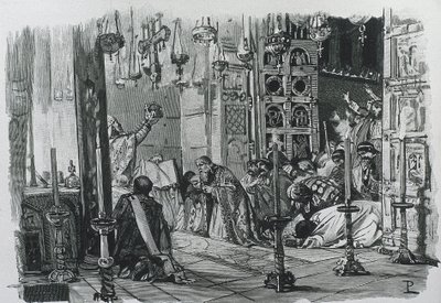 CHARLEMAGNE lub CHARLES I (742-814). Król Franków i Lombardów (768-814) i Święty Cesarz Rzymski (800-814). Koronacja Karola Wielkiego na cesarza rzymskiego (800). Rycina. autorstwa Artist Unknown