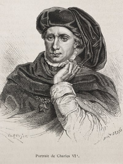 Karol VI Francuski, zwany "Ukochanym" (1368-1422). Król Francji (1380-1422), dynastia Walezjuszy. Rycina. autorstwa Artist Unknown