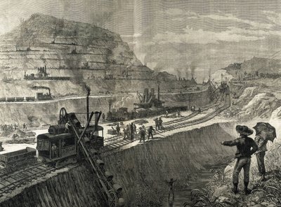 Budowa Kanału Panamskiego. Prace pogłębiarskie w wiosce Culebra. Oryginalny rysunek autorstwa Meltora Priora. Obraz opublikowany w "The Illustrated London News". Rycina. autorstwa Artist Unknown