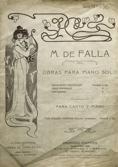FALLA, Manuel de (1876-1946). Hiszpański kompozytor i pianista. Utwory na fortepian solo i fortepian z głosem. Wydane w Madrycie. autorstwa Artist Unknown